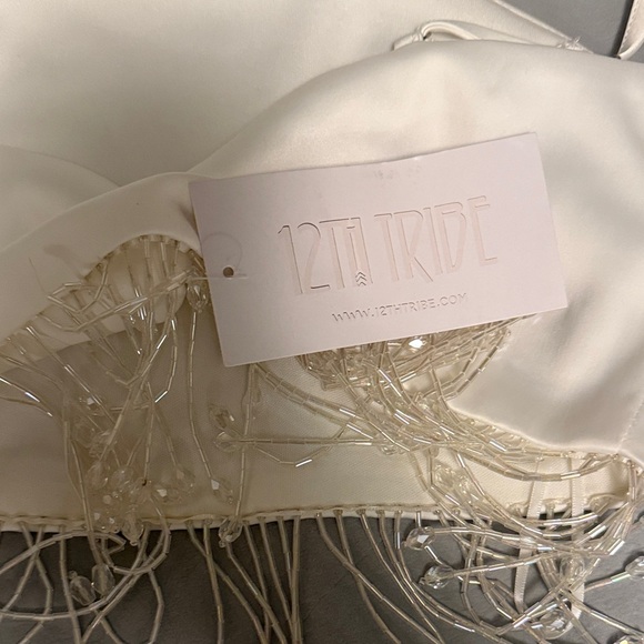 12th Tribe Torrey White Satin Beaded Fringe Crop - Picture 2 of 4